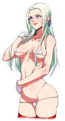 Rule 34 | 1girl, bikini, blue eyes, breasts, breasts apart, edelgard von hresvelg, fire emblem, fire emblem: three houses, gloves, green hair, hair ribbon, large breasts, long hair, medium breasts, micro bikini, nintendo, parted lips, ribbon, simple background, solo, swimsuit, tesu, thighhighs, white background, white gloves