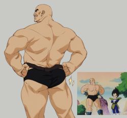 Rule 34 | 2boys, absurdres, ass, back, back focus, bald, bara, black male underwear, briefs, dragon ball, dragonball z, facial hair, from behind, hands on own hips, highres, male focus, male underwear, mature male, multiple boys, muscular, muscular male, mustache, nappa, reference inset, ross (doodlrenzo), smug, solo focus, sparkle, thick thighs, thighs, underwear, underwear only, vegeta