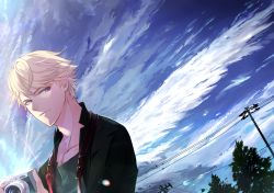Rule 34 | 1boy, blonde hair, blue sky, camera, cloud, day, highres, holding, holding camera, jacket, kujo souma, lens flare, looking at viewer, male focus, marorincho, outdoors, power lines, purple eyes, sky, solo, stand my heroes, tree, upper body