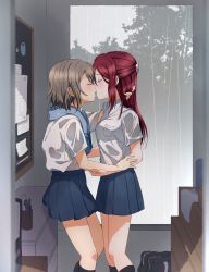 Rule 34 | 2girls, absurdres, bag, black bag, black socks, blouse, blue scarf, blue skirt, blush, breast pocket, brown hair, buttons, closed eyes, collared shirt, commentary, commentary request, cup, drawer, feet out of frame, hand on another&#039;s head, highres, holding another&#039;s arm, indoors, kiss, kneehighs, long hair, love live!, love live! sunshine!!, marker, miniskirt, multiple girls, paper, pen, pleated skirt, pocket, rain, red hair, ruler, sakurauchi riko, saliva, saliva trail, scarf, school uniform, shirt, short hair, short sleeves, sidelocks, skirt, socks, standing, symbol-only commentary, thighs, tree, watanabe you, wavy hair, wet, wet clothes, wet hair, wet shirt, white shirt, window, wing collar, yuchi (salmon-1000), yuri