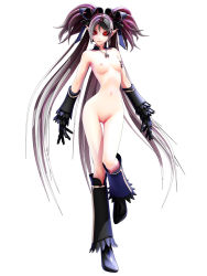 Rule 34 | 1girl, 3d, black gloves, black sclera, boots, breasts, calne ca (deino), collarbone, colored sclera, deino (deino3330), detached collar, female focus, functionally nude, gloves, highres, jewelry, knee boots, looking at viewer, navel, necklace, nipple piercing, nipples, nude, original, pendant, piercing, pointy ears, pussy, red eyes, revealing clothes, silver hair, simple background, small breasts, solo, thigh gap, uncensored, walking, white background