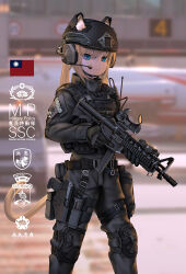 Rule 34 | 1girl, animal ears, assault rifle, blonde hair, blue eyes, blurry, blurry background, bulletproof vest, colt 9mm smg, fang zhenjun, gloves, gun, handgun, headphones, helmet, holding, holding gun, holding weapon, holster, holstered, knee pads, looking at viewer, magazine (weapon), medium hair, military, original, republic of china army, republic of china flag, rifle, scope, soldier, solo, tactical clothes, taiwan, thigh holster, thigh strap, weapon