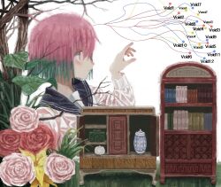 Rule 34 | 1girl, abstract, aqua hair, bare tree, black sailor collar, bookshelf, brutal complex, brutal vap, cabinet, closed mouth, colored tips, english text, expressionless, flower, from side, hand up, highres, index finger raised, leaf, light blush, long sleeves, looking ahead, multicolored hair, pink eyes, pink flower, pink hair, pink rose, profile, red flower, red rose, redrawn, rose, sailor collar, school uniform, serafuku, shirt, short hair, solo, tree, white background, white shirt, yellow flower
