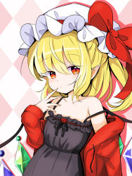 Rule 34 | 1girl, alternate costume, argyle, argyle background, argyle clothes, bare shoulders, black dress, black ribbon, blonde hair, blush, bow, closed mouth, collarbone, commentary request, crystal, dress, dutch angle, expressionless, eyes visible through hair, finger to mouth, flandre scarlet, flat chest, frills, hair between eyes, half-closed eyes, harakune (mugennero), hat, hat bow, highres, jacket, looking at viewer, medium hair, mob cap, one side up, pointy ears, red bow, red eyes, red jacket, removing jacket, ribbon, simple background, slit pupils, solo, touhou, upper body, white hat, wings