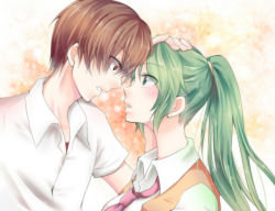 Rule 34 | 1boy, 1girl, blush, brown eyes, brown hair, collared shirt, couple, eye contact, face-to-face, forehead-to-forehead, green eyes, green hair, hand on another&#039;s head, heads together, higurashi no naku koro ni, long hair, looking at another, maebara keiichi, moda (u-poison), neck, necktie, parted lips, ponytail, shirt, short hair, short sleeves, simple background, sonozaki mion, surprised, upper body, vest, white shirt