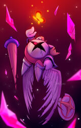 Rule 34 | armor, broken mask, bug, butterfly, butterfly wings, galacta knight, gloves, highres, horns, insect, insect wings, kirby: star allies, kirby (series), lance, mask, morpho knight, morpho knight (butterfly), nintendo, no humans, pauldrons, polearm, red eyes, shield, shoulder armor, signature, starroad, weapon, white gloves, wings