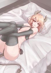 Rule 34 | 1girl, bed, bed invitation, black thighhighs, breasts, breasts apart, brown eyes, demon girl, demon horns, demon tail, elbow gloves, from above, gloves, grin, horns, hugging own legs, indoors, legs together, looking at viewer, lying, medium hair, on back, on bed, orange hair, original, panties, pillow, side-tie panties, small breasts, smile, solo, tail, thighhighs, underwear, z umeshi