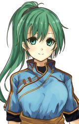 Rule 34 | 1girl, blue shirt, closed mouth, earrings, fire emblem, fire emblem: the blazing blade, floating hair, fuussu (21-kazin), green eyes, green hair, hair ornament, high ponytail, jewelry, long hair, looking at viewer, lyn (fire emblem), nib pen (medium), nintendo, shirt, short sleeves, simple background, smile, solo, traditional media, upper body, very long hair, white background