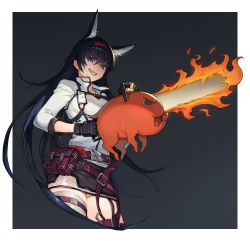 Rule 34 | 1girl, absurdres, animal ears, arknights, black gloves, black shorts, blaze (arknights), blue eyes, blue hair, cat ears, cat girl, cat tail, chainsaw, chainsaw man, chest belt, commentary, dress, fire, gloves, hairband, highres, holding, holding chainsaw, jacket, jason kim, long hair, pochita (chainsaw man), red hairband, shorts, smile, tail, tank top, weapon, white dress, white jacket, white tank top