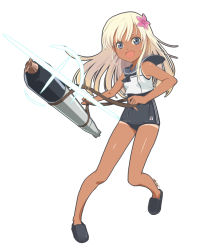 Rule 34 | 10s, 1girl, blonde hair, blue eyes, flower, hair flower, hair ornament, highres, kantai collection, keng, long hair, one-piece swimsuit, open mouth, ro-500 (kancolle), sailor collar, school swimsuit, swimsuit, tan, tanline, tongue, torpedo, white background