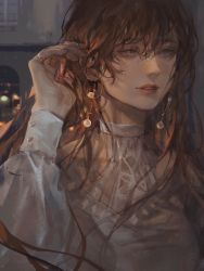 Rule 34 | 1girl, brown hair, dress, earrings, final fantasy, final fantasy xiv, grey eyes, tucking hair, highres, hyur, jewelry, long hair, long sleeves, looking to the side, parted lips, puffy long sleeves, puffy sleeves, ring, ryne waters, solo, sukly, upper body, white dress
