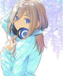 Rule 34 | 1girl, blue eyes, blue sweater, brown hair, closed mouth, dappled sunlight, eyes visible through hair, flower, from side, go-toubun no hanayome, hair over one eye, highres, hirokiku, long hair, long sleeves, looking at viewer, nakano miku, smile, solo, sunlight, sweater, upper body, wisteria