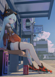 Rule 34 | 1girl, absurdres, bench, black hat, black shorts, blue hair, blue sky, bucket hat, bus stop, can, casual, city, cityscape, closed mouth, coca-cola, contemporary, drink can, expressionless, fur-trimmed shorts, fur trim, hair between eyes, hat, highres, honkai (series), honkai impact 3rd, liliya olenyeva, long hair, multicolored footwear, outdoors, purple eyes, red shirt, shadow, shirt, shoes, shorts, single thighhigh, sitting, sky, sneakers, soda, soda can, solo, thick eyebrows, thigh strap, thighhighs, thighs, wood cube