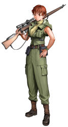 Rule 34 | 1girl, absurdres, bolt action, boots, breasts, brown eyes, brown hair, combat boots, cynthia rivele, green shirt, gun, hand on own hip, highres, hip focus, large breasts, lee-enfield, military, military uniform, operation darkness, over shoulder, pouch, ribbed sweater, rifle, scope, shirt, short hair, sleeveless, sniper rifle, solo, sweater, unbuttoned, uniform, weapon, weapon over shoulder