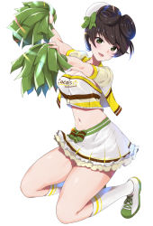 Rule 34 | 1girl, amasora taichi, arms up, black hair, bow, breasts, cheerleader, cleavage, crop top, crop top overhang, cropped jacket, full body, girls und panzer, green bow, green eyes, hair bow, holding, holding pom poms, hosomi shizuko, jacket, kneehighs, kneeling, large breasts, looking at viewer, midriff, miniskirt, navel, open clothes, open jacket, open mouth, outstretched arms, pleated skirt, pom pom (cheerleading), pom poms, shirt, shoes, short hair, short sleeves, simple background, skirt, sleeveless, sleeveless shirt, smile, sneakers, socks, solo, stomach, strapless, strapless shirt, thighs, white background, white footwear, white headwear, white socks, white shirt, white skirt