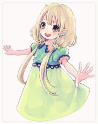 Rule 34 | 1girl, blonde hair, blush, brown eyes, comeco, dress, flower, futaba anzu, green dress, hair flower, hair ornament, idolmaster, idolmaster cinderella girls, long hair, low twintails, open mouth, outstretched arms, puffy short sleeves, puffy sleeves, short sleeves, smile, solo, spread arms, twintails