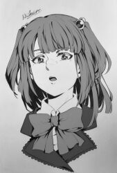 Rule 34 | 1girl, bow, bowtie, commentary, greyscale, hair bobbles, hair ornament, highres, looking at viewer, medium hair, mikanodzilla, monochrome, open mouth, parted bangs, shirt, signature, solo, teeth, two side up, umineko no naku koro ni, upper body, upper teeth only, ushiromiya ange