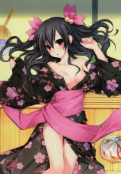 Rule 34 | 10s, 1girl, bag, bare shoulders, black hair, blush, breasts, choujigen game neptune mk2, cleavage, collarbone, female focus, fish, floral print, from above, goldfish, hair bobbles, hair ornament, hand fan, japanese clothes, kimono, long hair, looking at viewer, lying, medium breasts, neptune (series), obi, official art, on back, on floor, open clothes, open kimono, open mouth, paper fan, red eyes, sash, shadow, solo, sweat, tatami, tsunako, uchiwa, uni (neptunia), yukata
