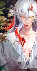 Rule 34 | 1boy, alternate eye color, alternate hair color, artist name, asymmetrical bangs, blood, blood on face, collarbone, commentary, cuts, dated, eyeliner, flower, forked tongue, frilled shirt, frills, genshin impact, hair between eyes, highres, injury, long hair, looking at viewer, makeup, male focus, multicolored hair, neuvillette (genshin impact), open mouth, parted bangs, pectoral cleavage, pectorals, plant, pointy ears, red eyeliner, red eyes, red hair, shirt, shivaille, solo, streaked hair, symbol-only commentary, tongue, tongue out, upper body, white flower, white hair, white shirt
