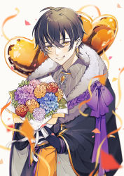 Rule 34 | 1boy, ahoge, balloon, black coat, black gloves, black hair, blue flower, blurry, blush, bouquet, brooch, coat, collared shirt, commentary request, confetti, crossed bangs, depth of field, ear piercing, earrings, flower, fur-trimmed coat, fur trim, gem, gloves, grey shirt, grin, hair between eyes, hands up, heart balloon, highres, holding, holding bouquet, indie virtual youtuber, jewelry, kagura (vtuber), leaf, looking at viewer, male focus, multicolored coat, multicolored hair, norisukexxy, orange coat, orange eyes, orange flower, orange hair, partial commentary, piercing, pink flower, pinstripe pattern, pinstripe shirt, purple flower, purple ribbon, red flower, ribbon, shirt, short hair, single earring, smile, solo, streaked hair, streamers, striped clothes, striped shirt, teeth, two-tone coat, upper body, vertical-striped clothes, vertical-striped shirt, virtual youtuber, white background, wing collar