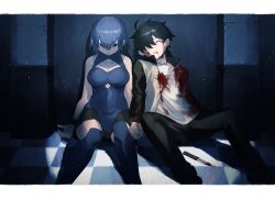 1boy 1girl ahoge black_hair black_pants blood blood_on_clothes blood_on_face blood_on_hands blue_eyes blue_hair ciel_(tsukihime) closed_eyes closed_mouth commentary_request hair_between_eyes hair_over_one_eye holding_hands injury knife long_sleeves official_alternate_costume ooo000_ccc pants powered_ciel sitting sleeveless tohno_shiki tsukihime tsukihime_(remake) weapon