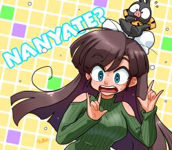 Rule 34 | 1girl, 1other, arms up, blue eyes, bow, breasts, brown hair, flying sweatdrops, green sweater, hair bow, hand gesture, highres, kuonji ukyou, legs up, long hair, medium breasts, multicolored squares background, narrow waist, nervous sweating, off-shoulder sweater, off shoulder, open mouth, p-chan, pig, pig snout, ranma 1/2, romaji text, scarf, signature, surprised, sweat, sweatdrop, sweater, text background, tiger stripes, turtleneck, turtleneck sweater, wanta (futoshi), white bow, wide-eyed, yellow scarf