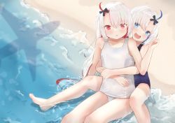 Rule 34 | 2girls, absurdres, aircraft, airplane, azur lane, barefoot, beach, black ribbon, blue eyes, flat chest, from above, glaze artifacts, hair between eyes, highres, leg ribbon, libeccio (azur lane), libeccio (beachbound southwestern wind!) (azur lane), long hair, looking at viewer, looking up, maestrale (azur lane), maestrale (lonesome beachfarer) (azur lane), mukaino kei, multicolored hair, multiple girls, ocean, one-piece swimsuit, open mouth, red eyes, ribbon, sand, school swimsuit, shadow, short hair, sitting, smile, swimsuit, thigh ribbon, two-tone hair, water, white one-piece swimsuit