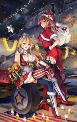 Rule 34 | 10s, 2girls, :d, ahoge, aircraft, airplane, alternate costume, american flag, ankle boots, artist name, ass, asymmetrical legwear, bare shoulders, bell, black gloves, blonde hair, blue eyes, boots, bow, breast pocket, breasts, brown hair, candle, capelet, carrying, chain, christmas, christmas wreath, cleavage, closed mouth, clothes writing, collar, commentary request, corset, crossed legs, facepaint, full body, fur-trimmed boots, fur-trimmed gloves, fur-trimmed shirt, fur-trimmed skirt, fur trim, garter straps, glint, gloves, grey footwear, grey hat, hand on own hip, hand on own knee, hat, high heel boots, high heels, highres, holly, holster, iowa (kancolle), jewelry, jingle bell, kantai collection, knee boots, large breasts, long hair, merry christmas, mismatched legwear, mistletoe, multiple girls, necklace, neko (yanshoujie), night, night sky, nose art, open mouth, orange bow, outdoors, over shoulder, pendant, pocket, pom pom (clothes), ponytail, red bow, red gloves, red hat, red legwear, red skirt, sack, santa costume, santa hat, saratoga (kancolle), shiny skin, shirt, sidelocks, signature, sitting, skirt, sky, sleeveless, smile, standing, star-shaped pupils, star (sky), star (symbol), starry sky, striped clothes, striped thighhighs, symbol-shaped pupils, thigh holster, thighhighs, turret, vertical-striped clothes, vertical-striped thighhighs, wheel, wreath, zettai ryouiki