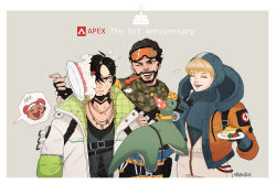 Rule 34 | 2boys, 2girls, ^ ^, animification, anniversary, annoyed, apex legends, black eyes, black shirt, blue bodysuit, blue gloves, blue hair, blue headwear, bodysuit, cake, checkered clothes, checkered scarf, closed eyes, collarbone, crypto (apex legends), dark-skinned female, dark skin, double bun, facial hair, food, gloves, goatee, goggles, goggles on head, grey vest, hair bun, headband, holding, holding plate, hood, hooded bodysuit, hooded jacket, in the face, jacket, jewelry, korean commentary, lifeline (apex legends), looking at viewer, mirage (apex legends), multiple boys, multiple girls, namjak, necklace, one eye closed, orange jacket, party horn, pie in face, plate, red hair, red scarf, sanpaku, scarf, shirt, vest, wattson (apex legends), white bodysuit, white headband, white jacket, yellow bodysuit