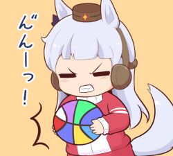 Rule 34 | 1girl, = =, ^^^, animal ears, ball, blush, brown background, brown hat, chibi, clenched teeth, closed eyes, ear covers, gold ship (umamusume), gomashio (goma feet), grey hair, hat, holding, holding ball, horse ears, horse girl, horse tail, jacket, long hair, long sleeves, mini hat, pants, red jacket, red pants, simple background, sleeves past wrists, solo, tail, teeth, track jacket, track pants, track suit, translation request, umamusume, v-shaped eyebrows, very long hair