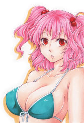 Rule 34 | 1girl, bare shoulders, bikini, blue bikini, breasts, collarbone, commentary request, front-tie bikini top, front-tie top, hair bobbles, hair ornament, halterneck, highres, large breasts, looking at viewer, onozuka komachi, parted lips, pink hair, red eyes, short hair, silhouette, simple background, solo, swimsuit, syanari, touhou, traditional media, two side up, upper body, white background