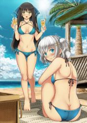 Rule 34 | 2girls, bad id, bad pixiv id, beach, bikini, black hair, blue eyes, breasts, butt crack, drink, drinking straw, garimpeiro, green eyes, highres, holding, holding drink, long hair, looking at viewer, medium breasts, multiple girls, navel, ocean, open mouth, original, swimsuit, two side up, white hair