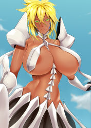 Rule 34 | &gt;:(, 1girl, areola slip, armor, arrancar, bleach, blonde hair, blush, breasts, collarbone, cowboy shot, dark-skinned female, dark skin, facial mark, frown, gloves, green eyes, hair between eyes, huge breasts, janong, large areolae, looking at viewer, navel, number tattoo, pauldrons, revealing clothes, shoulder armor, solo, tattoo, tier harribel, v-shaped eyebrows, white gloves