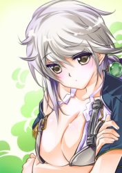 Rule 34 | 10s, 1girl, asymmetrical hair, braid, breast hold, breasts, close-up, cloud print, crop top, female focus, gradient background, highres, jitome, kantai collection, large breasts, long hair, looking at viewer, senomoto hisashi, silver hair, single braid, solo, unryuu (kancolle), very long hair, yellow eyes