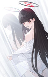 Rule 34 | 1girl, absurdres, black hair, blue archive, blunt bangs, blush, breasts, bright pupils, commentary request, from behind, halo, highres, large breasts, long hair, long sleeves, looking back, mirror, red eyes, reflection, rerrere, rio (blue archive), shirt, smile, solo, standing, very long hair, white shirt