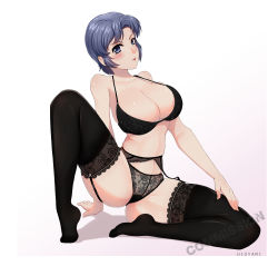 Rule 34 | 1girl, absurdres, aged up, artist name, black bra, blue eyes, blue hair, bra, breasts, cleavage, collarbone, commission, fairey hierfly, full body, hand on own leg, highres, hioyami, lace, lace-trimmed legwear, lace trim, large breasts, looking at viewer, mature female, navel, panties, short hair, super robot wars, super robot wars gc, super robot wars og moon dwellers, super robot wars original generation, thighhighs, underwear, watermark, white background