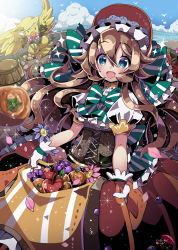 Rule 34 | 1girl, :d, apple, aqua eyes, barrel, bird, blurry, blush, bow, brown hair, cloud, corset, day, depth of field, english text, flower, food, fruit, gloves, grapes, hair between eyes, hair bow, hairband, kei s01, lolita hairband, looking at viewer, open mouth, original, outdoors, petals, puffy short sleeves, puffy sleeves, shirt, short sleeves, skirt, sky, smile, sparkle, striped, striped bow, sunlight, umbrella, water, watermark, white gloves, white shirt