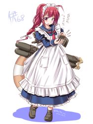 Rule 34 | 10s, 1girl, adapted costume, alternate costume, apron, cellphone, dress, enmaided, frills, hair ribbon, i-168 (kancolle), innertube, kantai collection, lifebuoy, long hair, maid, maid apron, maid headdress, mary janes, phone, pink hair, ponytail, puffy sleeves, red hair, ribbon, shoes, smartphone, solo, swim ring, tatsumi ray, torpedo, turret, waitress