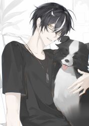 1boy absurdres black_hair black_shirt border_collie chinese_commentary commentary_request crossed_bangs dog facial_scar film_grain glasses hair_between_eyes highres indoors jiangyueegoshi male_focus multicolored_hair noan_(pgr) punishing:_gray_raven rectangular_eyewear scar scar_on_cheek scar_on_face semi-rimless_eyewear shirt short_hair short_sleeves smile solo streaked_hair t-shirt two-tone_hair upper_body white_background white_hair yellow_eyes