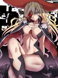 Rule 34 | 1girl, absurdres, black legwear, blonde hair, boots, breasts, bright pupils, crossed legs, ebora, eyepatch, glowing, glowing eyes, green eyes, hair between eyes, hat, high heel boots, high heels, highres, kamijou touma, knee boots, long hair, medium breasts, navel, othinus, shiny skin, sitting, square pupils, stomach, symbol-shaped pupils, thighs, toaru majutsu no index, toaru majutsu no index: new testament, white pupils, witch, witch hat