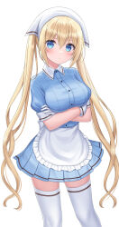 Rule 34 | 1girl, apron, blend s, blonde hair, blue eyes, blue shirt, blue skirt, breasts, closed mouth, collar, collared shirt, commentary request, crossed arms, frilled apron, frills, gloves, hair between eyes, highres, hinata kaho, large breasts, long hair, looking at viewer, maid apron, seungju lee, shirt, short sleeves, sidelocks, simple background, skirt, solo, standing, thighhighs, twintails, white apron, white collar, white gloves, white thighhighs, zettai ryouiki