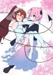 Rule 34 | 2girls, arms around neck, blue gloves, blue thighhighs, carrying, cherry blossom background, chiyoda momo, commentary request, demon girl, demon horns, demon tail, detached sleeves, dress, elbow gloves, female focus, frilled dress, frills, gloves, green eyes, hand on another&#039;s neck, high heels, highres, horns, light blue dress, long hair, looking at another, machikado mazoku, multiple girls, orange eyes, pink hair, ponytail, princess carry, red hair, shimeji wyvern, smile, tail, thighhighs, tuxedo, wedding dress, white background, white footwear, white headdress, wife and wife, yoshida yuuko (machikado mazoku), yuri