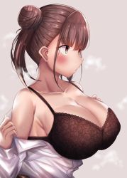 Rule 34 | 1girl, alternate breast size, black bra, blush, bra, breasts, brown hair, cleavage, clothes pull, collarbone, double bun, hair bun, highres, idolmaster, idolmaster shiny colors, lace, lace-trimmed bra, lace trim, large breasts, looking afar, profile, pulling own clothes, shiki (catbox230123), shirt, shirt pull, simple background, solo, sonoda chiyoko, twintails, underwear, upper body, white background, white shirt