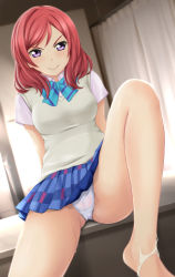 Rule 34 | 1girl, barefoot, blue bow, blush, bow, cameltoe, commentary request, cum, cum on body, cum on lower body, feet, looking at viewer, love live!, love live! school idol project, nishikino maki, nonaka ritsu, panties, pleated skirt, purple eyes, red hair, school uniform, short sleeves, skirt, smug, solo, sweat, sweater vest, underwear