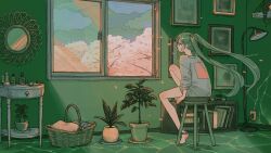 Rule 34 | 1girl, ahoge, aqua hair, barefoot, basket, blue shirt, book, bookshelf, bottle, cable, cherry blossoms, cloud, cloudy sky, commentary request, cosmetics, electrical outlet, floating hair, flower pot, hanging plant, hatsune miku, highres, indoors, knee up, lamp, long hair, long sleeves, looking outside, mirror, on stool, petals, picture frame, plant, port (portzzz), potted plant, profile, shirt, sidelocks, sky, sleeves rolled up, solo, stool, table, tree, twintails, vase, very long hair, vocaloid, window