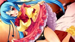 Rule 34 | 1girl, bed, bed sheet, black panties, blue hair, blush, breasts, clothes lift, game cg, hat, hitotsu tobashi ren&#039;ai, large breasts, legs, long hair, looking at viewer, open mouth, panties, pillow, red eyes, skirt, skirt lift, solo, sonohara aori, standing, sweat, thighs, twintails, underwear, upskirt