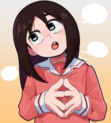Rule 34 | 1girl, absurdres, artist name, averting eyes, azumanga daioh&#039;s school uniform, azumanga daiou, black eyes, blush, brown hair, commentary, delatoid, english commentary, gradient background, head tilt, highres, kasuga ayumu, long sleeves, looking to the side, looking up, medium hair, nose blush, open mouth, own hands together, pink serafuku, round teeth, sailor collar, school uniform, serafuku, signature, solo, speech bubble, steepled fingers, talking, teeth, upper body, upper teeth only, white sailor collar, winter uniform, yellow background