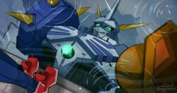 Rule 34 | digimon, digimon (creature), green eyes, horns, looking at another, omegamon, reflection, spikes