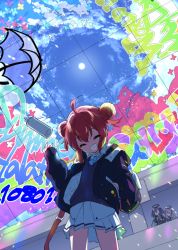 Rule 34 | 3girls, ahoge, blue archive, cloud, commentary request, double bun, english text, closed eyes, glass, graffiti, hair bun, halo, jacket, looking at viewer, maki (blue archive), multiple girls, nogiwa kaede, open mouth, red hair, school uniform, short hair, sky, spray can, yuuka (blue archive)