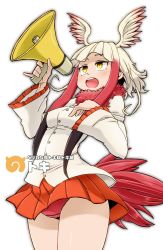Rule 34 | 10s, 1girl, aono3, beige shirt, blush, breasts, character name, cowboy shot, feathers, frilled sleeves, frills, head wings, japanese crested ibis (kemono friends), japari symbol, kemono friends, light brown hair, looking afar, megaphone, music, outline, panties, pantyshot, pleated skirt, red feathers, red hair, red panties, red skirt, shiny skin, short hair, short hair with long locks, sidelocks, simple background, singing, skirt, small breasts, solo, standing, teeth, thighs, tongue, underwear, white background, wide hips, wings, yellow eyes